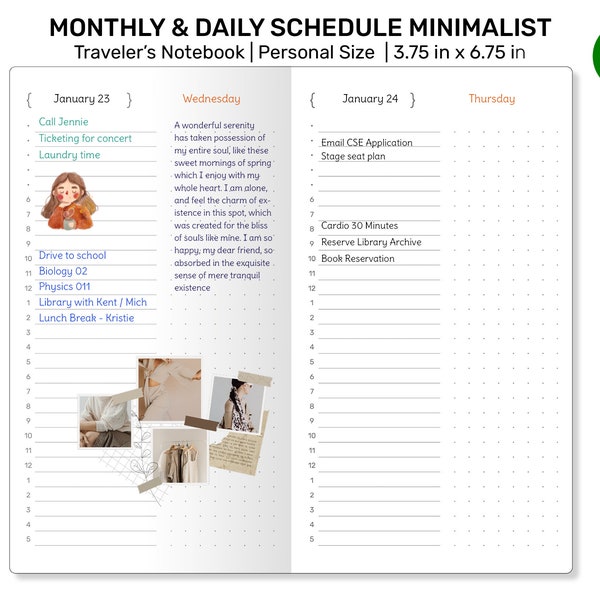 Personal Size TN MONTHLY & DAILY Schedule Printable Refill Insert Traveler's Notebook Insert Minimalist | PER22-008