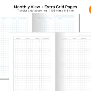 May include: Two A6 sized grid pages for a traveller's notebook. The pages are divided into days of the week with a grid pattern. The pages are white with light blue grid lines.