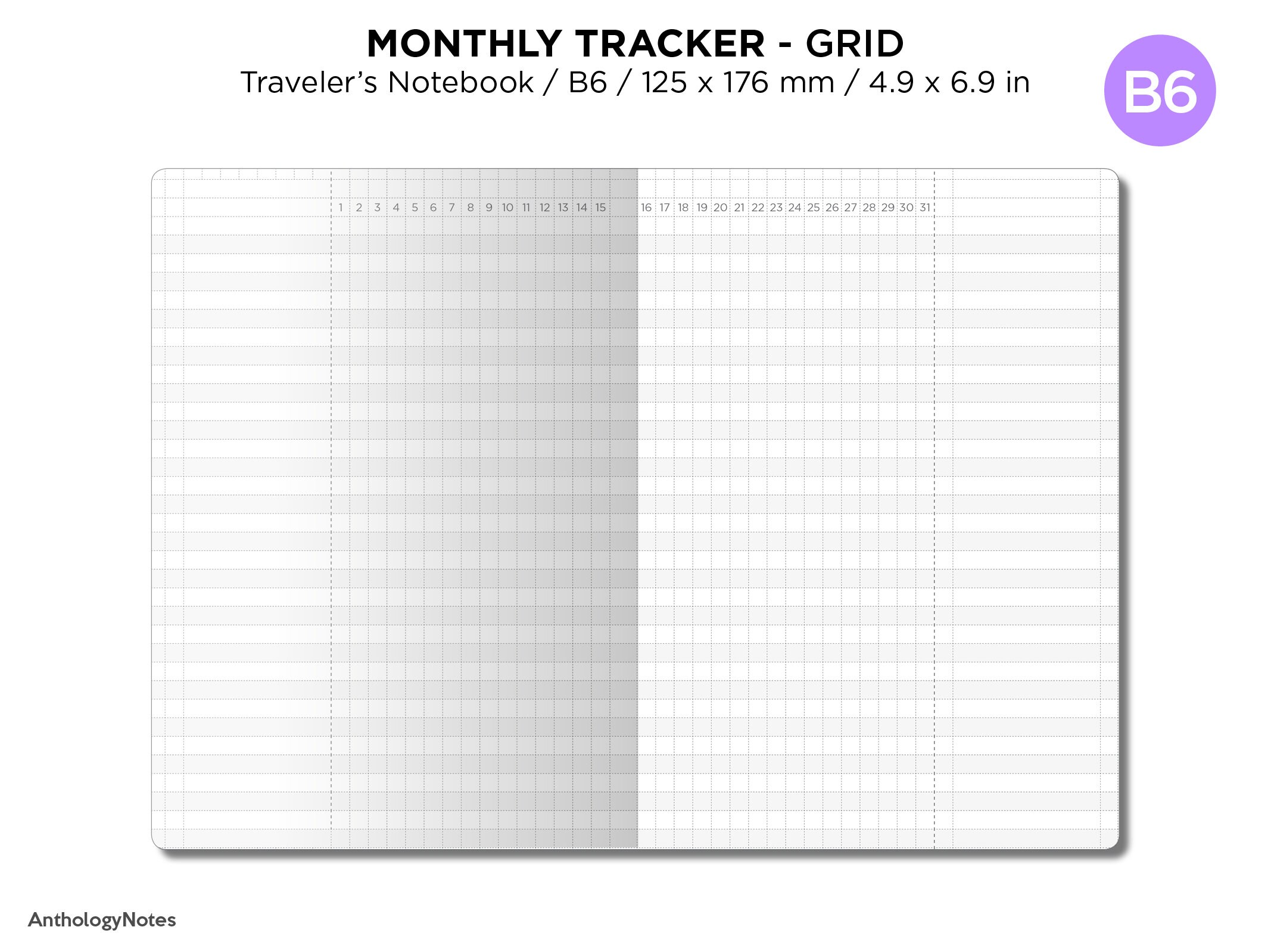 TN B6 Monthly Tracker Grid Printable Traveler's Notebook Insert ...