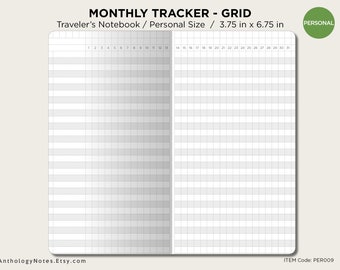 May include: A black and white gridded monthly tracker for a traveler's notebook. The tracker is 3.75 inches by 6.75 inches and is labeled "Personal Size". The numbers 1 through 31 are printed across the top of the grid.