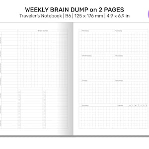 May include: A weekly planner with a brain dump section on the left page and a daily planner on the right page. The planner is designed for a B6 Traveler's Notebook and measures 4.9 x 6.9 inches.