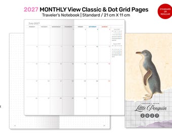 Traveler's Notebook Monthly Insert 2027, Standard Size Printable Planner, Monthly + Grid Pages with Index, Monday Start