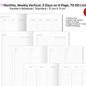 Standaard TN ALL-in-1 Maandelijks, Wekelijks, verticaal, 2 dagen op een pagina Verticaal, afdrukbaar navulbaar reizigersnotitieboekje GRID RTN022A-078