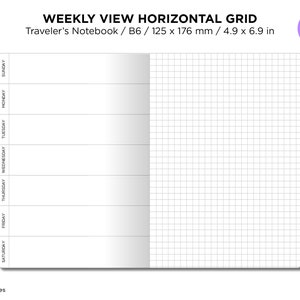 B6 WEEKLY Horizontal GRID Traveler's Notebook Printable Insert Monday or Sunday Start image 1