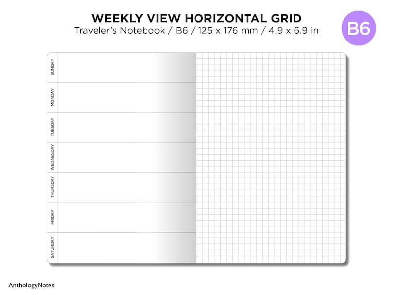 B6 WEEKLY Horizontal GRID Traveler's Notebook Printable Insert Monday or Sunday Start image 1