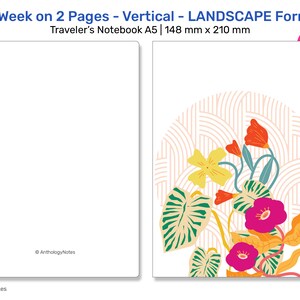 May include: A5 Week on 2 Pages - Vertical - LANDSCAPE Format Traveler's Notebook. The notebook has a white cover with a floral design in yellow, orange, pink, and green. The notebook measures 5.8 inches x 8.3 inches.