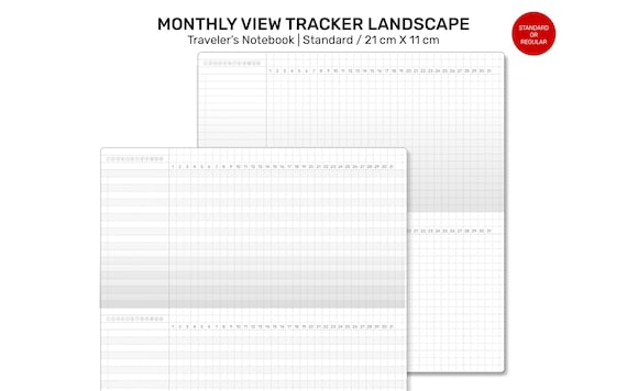 MONTHLY Tracker GRID Standard Size Traveler's Notebook Printable Insert Minimalist Grid Landscape