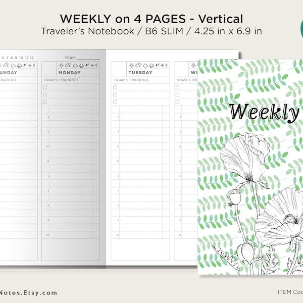 B6 SLIM Weekly auf 4 Seiten Vertikales Traveler's Notebook - Wo4P - Minimalistisch - Mit Wochentracker