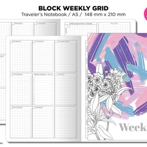 Peut inclure: Un planificateur hebdomadaire avec une mise en page en grille pour planifier les rendez-vous et les tâches. Le planificateur est conçu pour un carnet de voyage et mesure 148 mm par 210 mm. La couverture présente un design abstrait coloré avec une illustration florale en noir et blanc.
