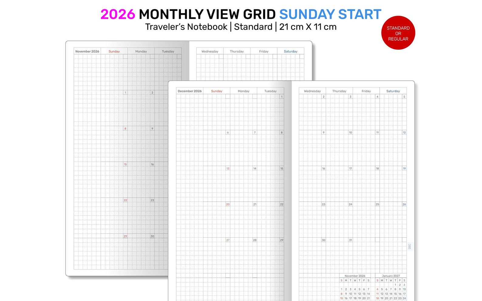 Sunday Notebook 2026 Monthly GRID Standard TN Size Traveler's Notebook - Printable ...
