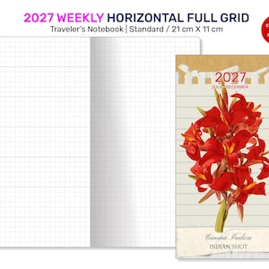 Op de afbeelding: Een 2027 wekelijks horizontaal notitieboek met volledig raster van 21 cm x 11 cm. De omslag toont een illustratie van een rode Canna Indica bloem op een gelinieerde achtergrond met de tekst 2027, July-December en Indian Shot.