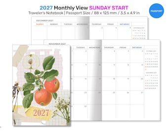 2027 PASSPORT Monthly SUNDAY Start Minimalist Diary Traveler's Notebook Printable Insert Mo2P