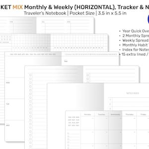 POCKET TN MIX Monthly, Weekly Horizontal, Monthly Habit Tracker, Notes & List Printable Traveler&#39;s Notebook Refill Insert FN22-003