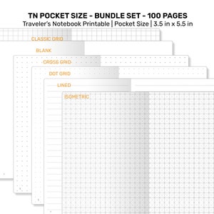 TN POCKET Bundle Set 100 Pages  Printable Insert Traveler&#39;s Notebook Grid, Blank, Dot Grid, Lined Bullet Log