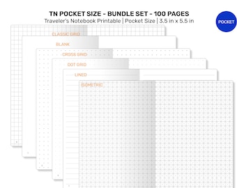 May include: A set of 100 printable pages for a Traveler's Notebook in pocket size, measuring 3.5 inches by 5.5 inches. The pages include different grid styles: classic grid, blank, cross grid, dot grid, lined, and isometric.