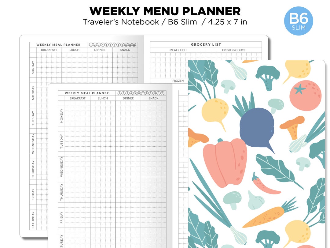TN B6 Slim WEEKLY MENU Planner With Grocery List Printable Traveler's ...