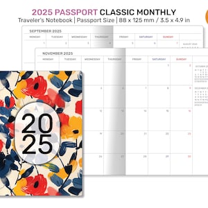2025 PASPOORT Maandelijks klassiek minimalistisch dagboek Traveler's Notebook Afdrukbaar inlegvel Mo2P