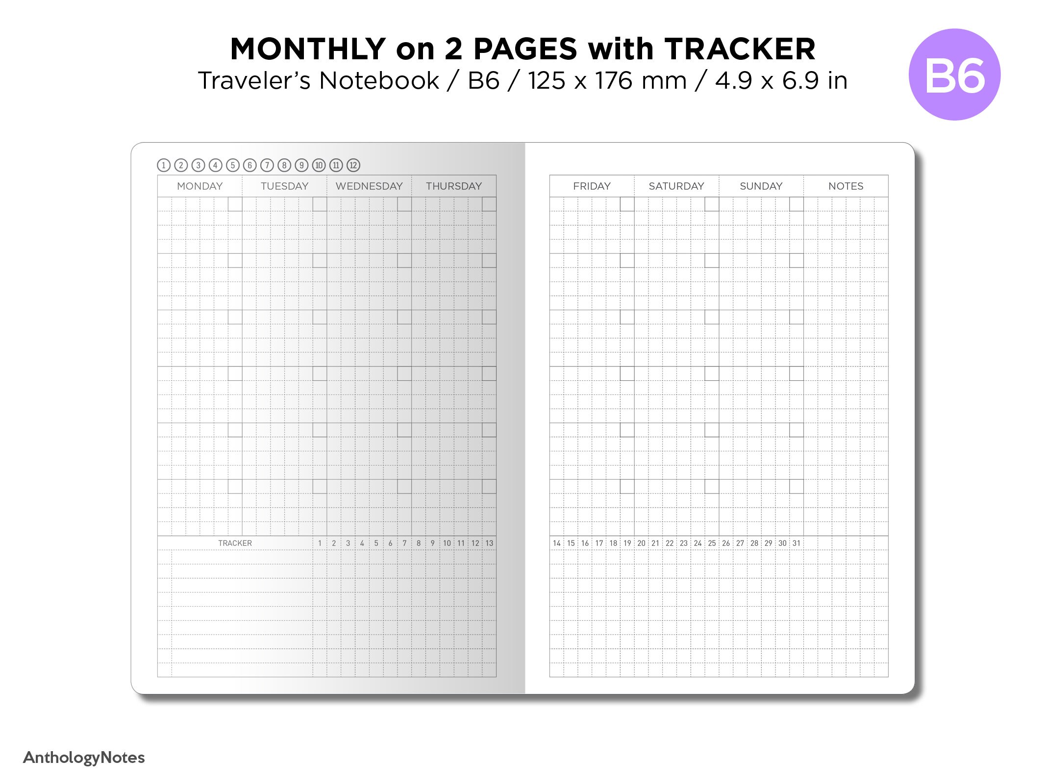 Tracker Grid Layout TN B6 Monthly View Tracker GRID Traveler's Notebook Printable Insert - Etsy
