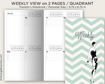May include: A weekly planner with a black and white chevron pattern background. The planner has a section for each day of the week, with space for notes and appointments. The planner is designed for use with a Traveler's Notebook, which is a popular type of personal planner.
