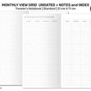 Könnte beinhalten: Ein leerer Monats-Rasterplaner mit einem Rastermuster und einem Kalender für Notizen und Index. Der Planer ist 21 cm x 11 cm groß und mit "Standard oder Regelmäßig" beschriftet.