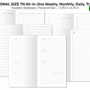 Puede incluir: Un cuaderno de viaje TN All-in-One de tamaño personal blanco con páginas de seguimiento semanales, mensuales y diarias. El cuaderno mide 9,5 cm por 17,1 cm e incluye un diseño de cuadrícula para notas y planificación.