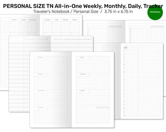 PERSONAL TN All-in-One Monthly, Weekly Horizontal, Tracker / To Do List, Grid Notes Printable Traveler's Notebook Insert