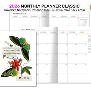 Puede incluir: Agenda mensual clásica 2026, cuaderno de viaje tamaño pasaporte, 88 x 125 mm. La portada presenta un diseño de mariposa y flores con texto. Incluye páginas de calendario mensual para noviembre y diciembre de 2026.