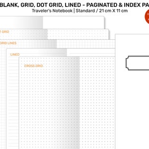 Könnte beinhalten: Ein Stapel Traveler's Notebook-Einlagen mit verschiedenen Seitenlayouts: blanko, gepunktet, kariert, liniert und kariert. Die Einlagen sind im Standardformat von 21 cm x 11 cm. Der Einband hat ein dekoratives Etikett.