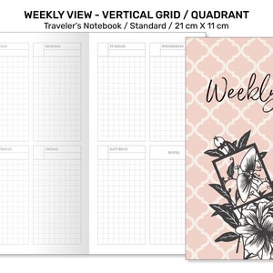 May include: A weekly planner with a vertical grid layout. The planner is divided into seven sections for each day of the week, with a separate section for notes. The cover features a pink background with a white geometric pattern and a black floral design.