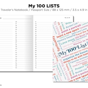 Passport Size My 100 Lists Printable Planner Traveler's Notebook Insert