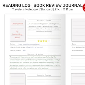 May include: A reading log or book review journal with a white background and black lines. The journal is designed for a traveler's notebook and is standard size, measuring 21 cm by 11 cm. The journal has a section for favorite quotes, genre, start and finish dates, year published, thoughts and notes, and a rating system.