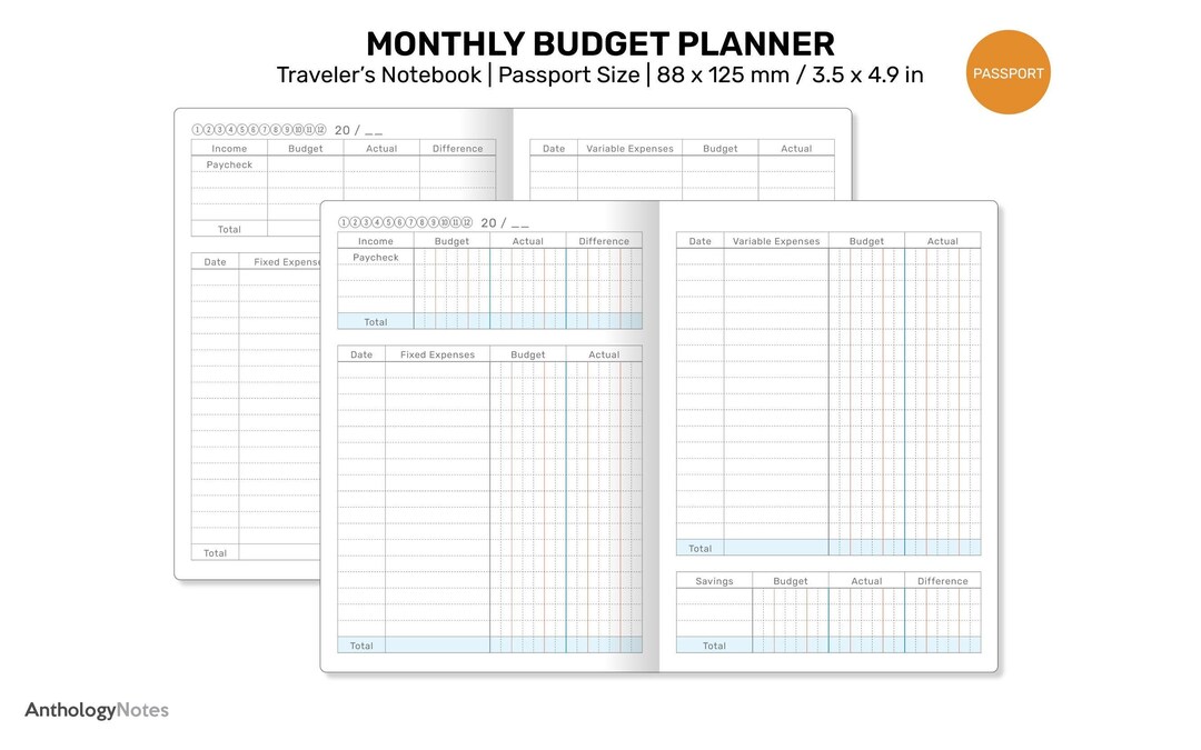 TN Passport MONTHLY Budge Tracker Printable Insert Traveler's Notebook ...