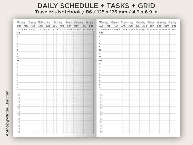B6 Daily View Printable Insert Traveler's Notebook Do1P Schedule, Tasks, Grid, Undated Minimalist Functional image 2