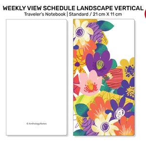 Puede incluir: Un cuaderno blanco con un dise&ntilde;o floral en la portada. El cuaderno mide 21 cm por 11 cm y est&aacute; etiquetado como "Traveler's Notebook | Standard".