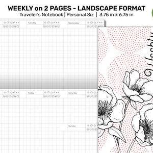 May include: A weekly planner page with a floral design. The page is divided into seven days of the week, with space for writing notes and appointments. The floral design features three white flowers with black outlines on a pink background with white polka dots. The text "Weekly" is written in black cursive on the right side of the page.