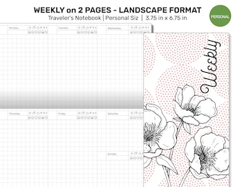 May include: A weekly planner page with a floral design. The page is divided into seven days of the week, with space for writing notes and appointments. The floral design features three white flowers with black outlines on a pink background with white polka dots. The text "Weekly" is written in black cursive on the right side of the page.