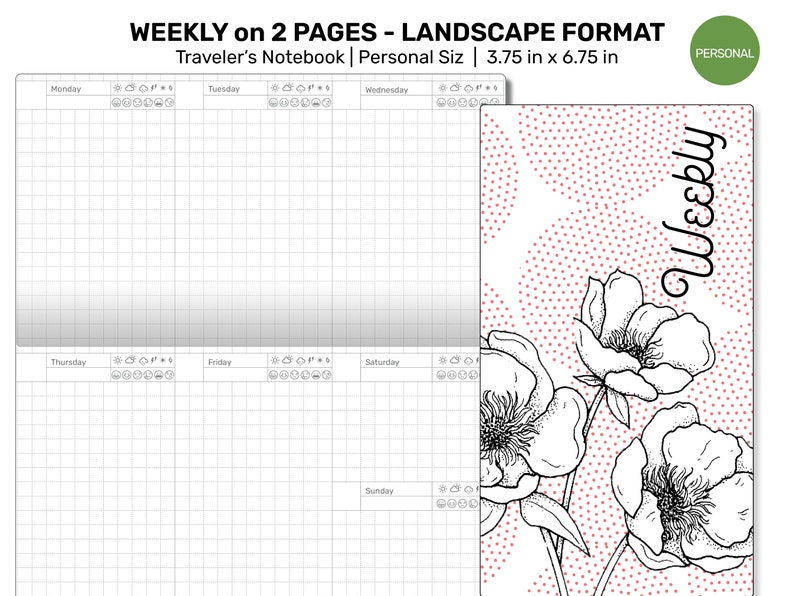 May include: A weekly planner page with a floral design. The page is divided into seven days of the week, with space for writing notes and appointments. The floral design features three white flowers with black outlines on a pink background with white polka dots. The text "Weekly" is written in black cursive on the right side of the page.