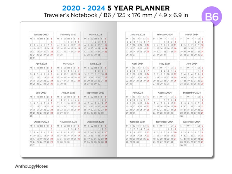 B6 5 Year Planner Traveler's Notebook 20202024 Printable Etsy
