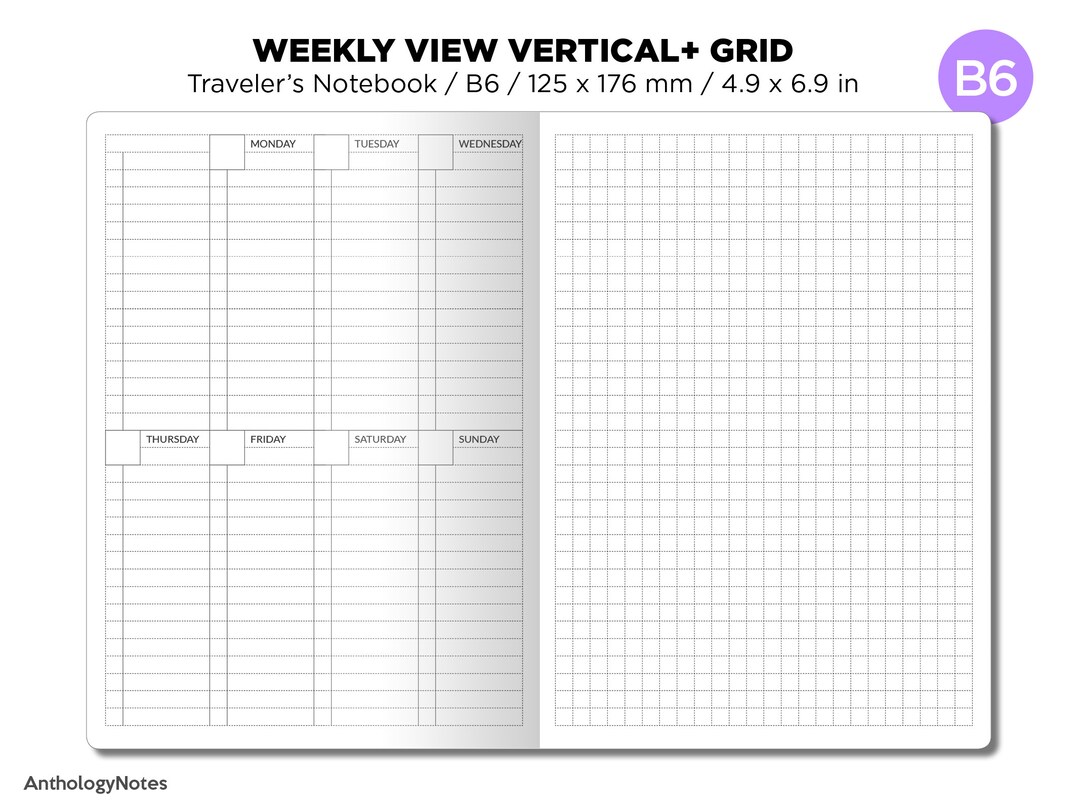 TN B6 Weekly VERTICAL Traveler's Notebook Printable Insert GRID Wo1p - Etsy