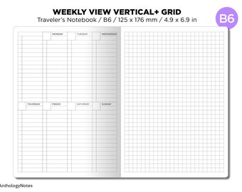 TN B6 Weekly VERTICAL Traveler's Notebook Printable Insert GRID Wo1P