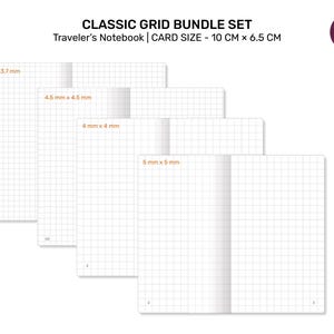 Op de afbeelding: Klassieke gridbundelset voor Traveler's Notebooks. De kaartgrootte is 10 cm x 6,5 cm. De set bevat rasterpapier met verschillende rastergroottes: 3,7 x 3,7 mm, 4,5 mm x 4,5 mm, 4 mm x 4 mm en 5 mm x 5 mm. De afbeelding bevat ook doe-het-zelf print-at-home instructies.