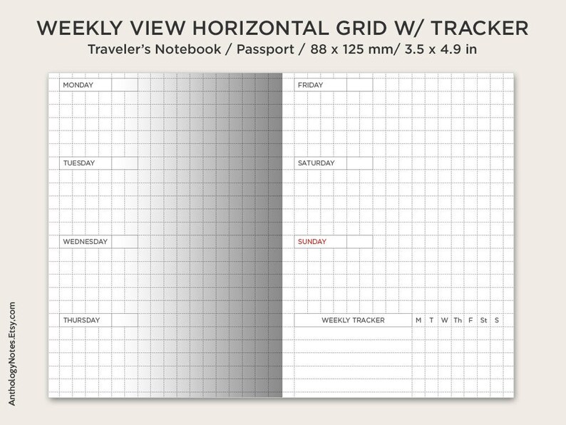 PASSPORT Weekly GRID Traveler's Notebook Printable Insert Etsy