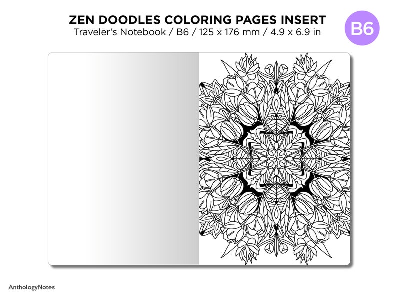 B6 Zen MANDALA Doodles COLORING Activity TN Insert Traveler's Notebook image 6