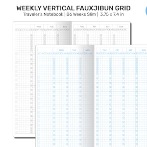 May include: A weekly vertical fauxjibun grid notebook with a blue and white grid pattern. The notebook is labeled "B6 Weeks Slim" and measures 3.75 x 7.4 inches.