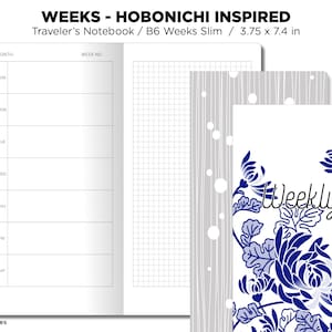 Könnte beinhalten: Ein wöchentlicher Planer-Notizbuch, inspiriert von Hobonichi, mit einem blauen und weißen Blumendesign. Das Notizbuch ist in Größe B6 und misst 3,75 Zoll mal 7,4 Zoll. Es enthält eine karierte Seite, eine Wochenübersicht und einen Monatskalender.