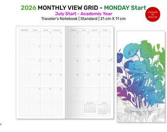 July Start 2026 Monthly Traveler's Notebook Insert – Grid Planner Printable TN Insert (Digital Download)