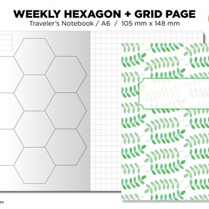 May include: A printable A6 page with a weekly hexagon planner on the left and a grid page with a green leaf pattern on the right. The page is designed for use in a Traveler's Notebook.