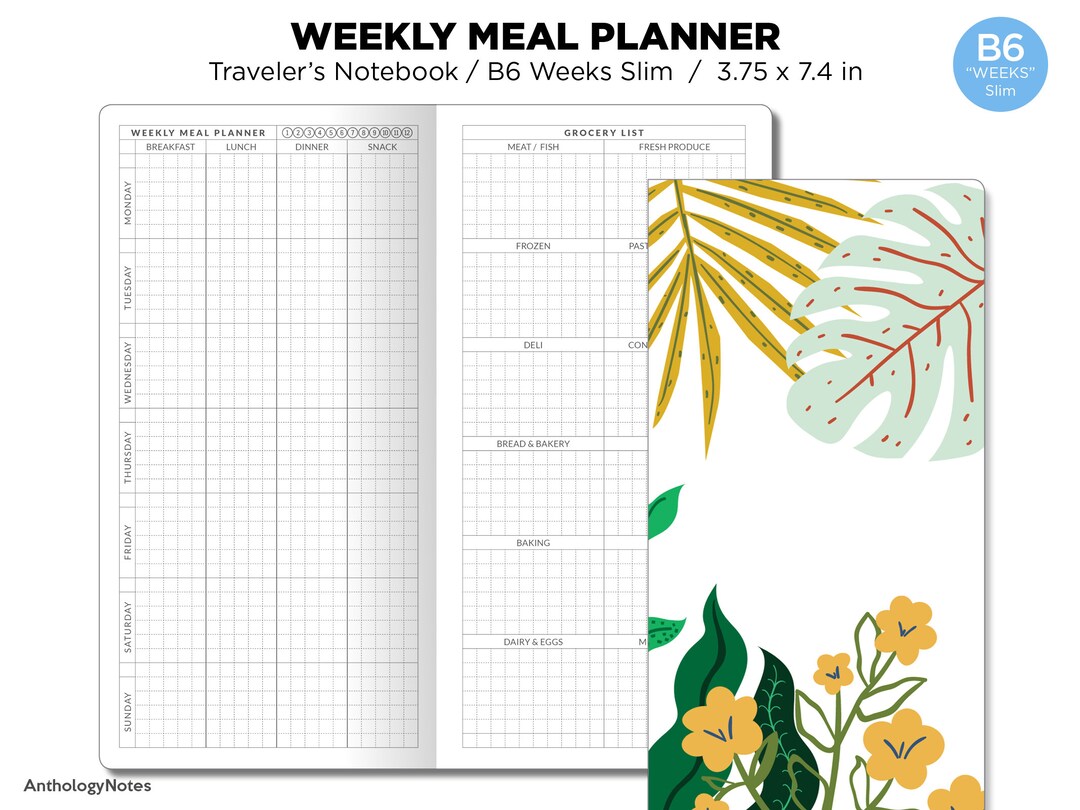 TN B6 "weeks" Slim Weekly MEAL Planner With Grocery List Section ...
