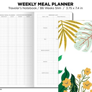 May include: A weekly meal planner notebook with a gridded layout for planning meals for each day of the week. The notebook is 9.5 cm by 18.8 cm and has a tropical leaf design on the cover.