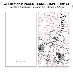 May include: A printable planner page for a weekly schedule in landscape format. The page features a floral design with black and white flowers on a pink polka dot background. The text "Weekly" is written vertically in black on the right side of the page.